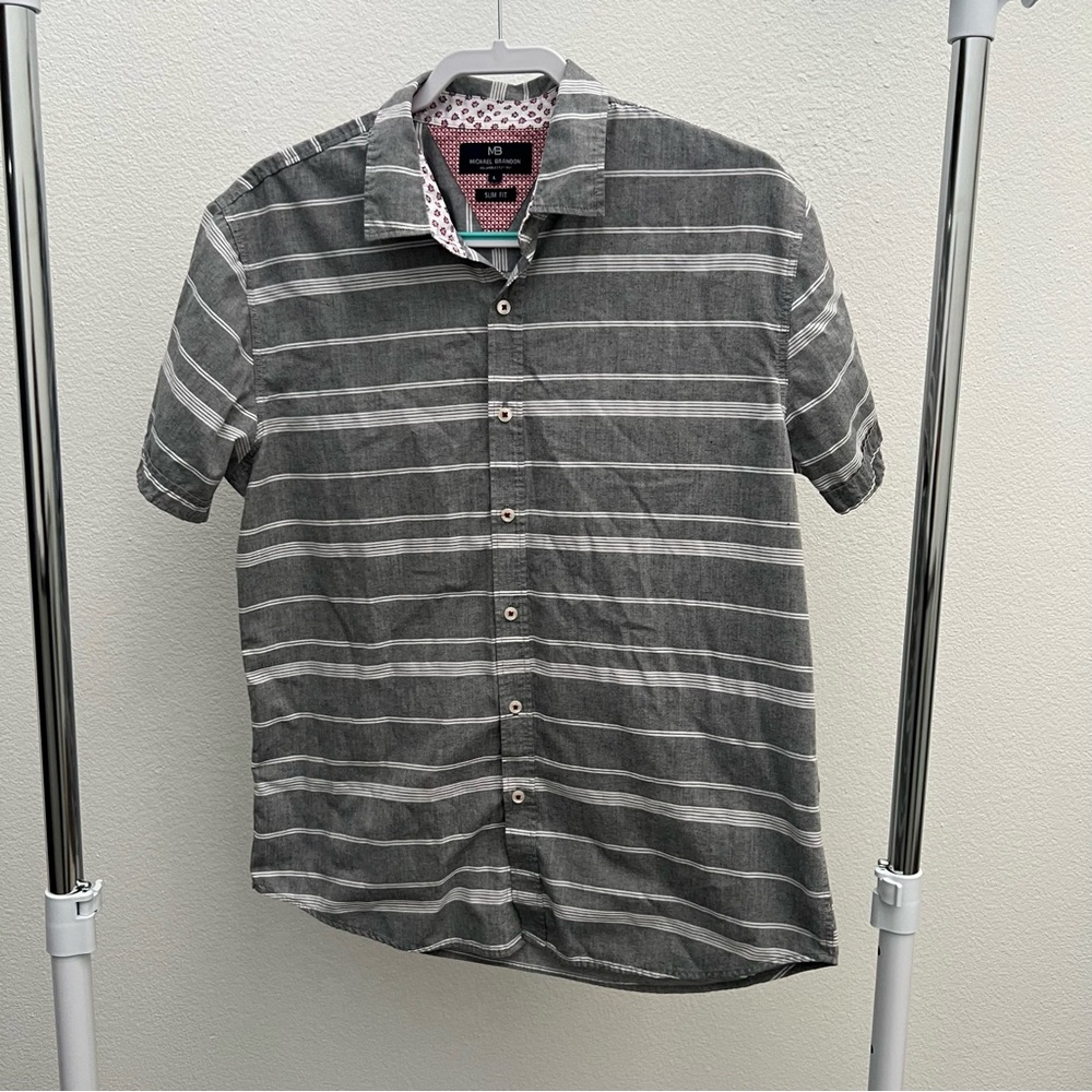 Michael Brandon Gray and White Striped Casual Shirt